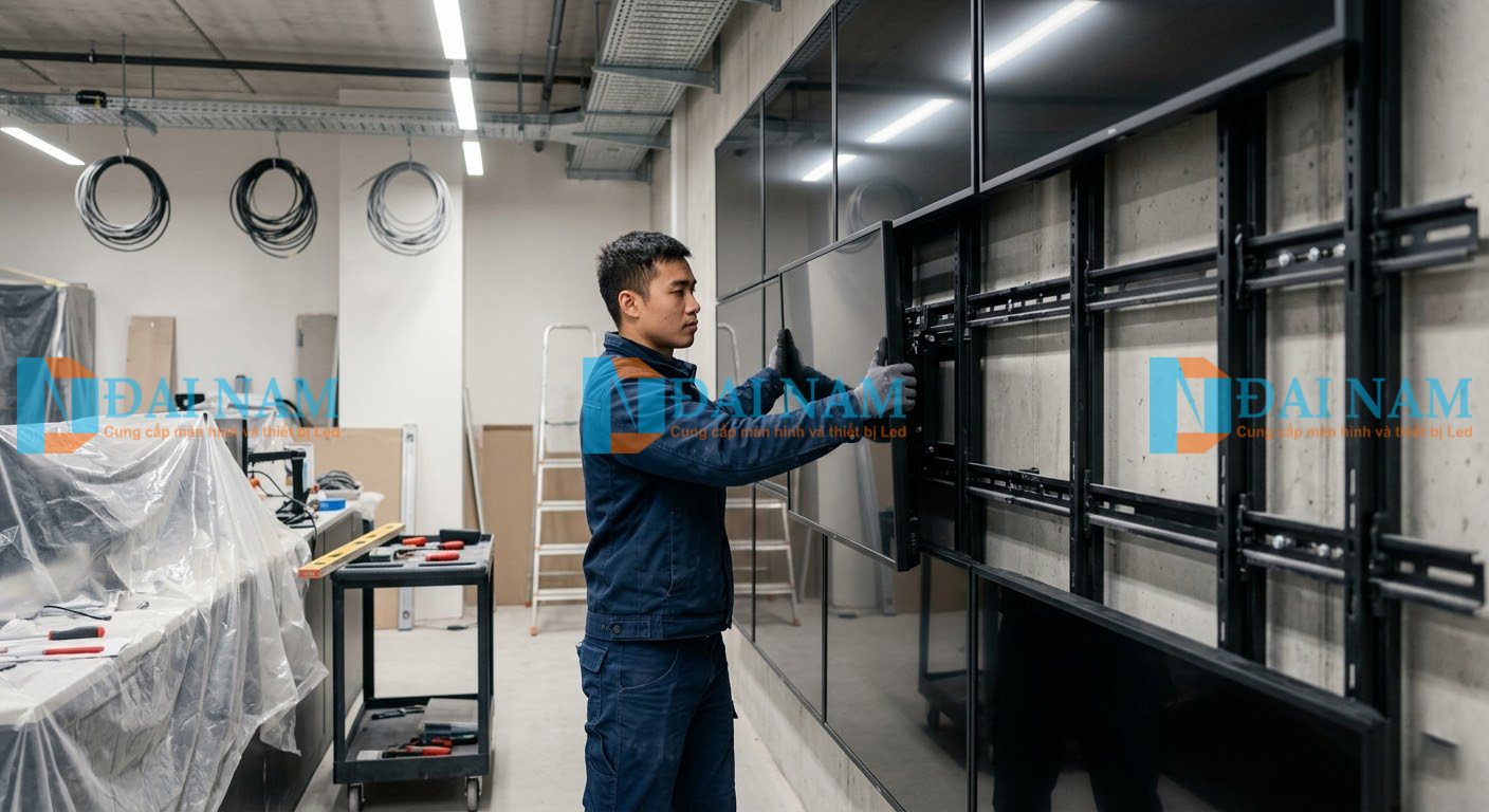 Kỹ thuật viên thi công của Đại Nam Groups đang lắp đặt hệ thống màn hình ghép Video Wall LCD tấm nền công nghiệp trên giá đỡ kim loại.