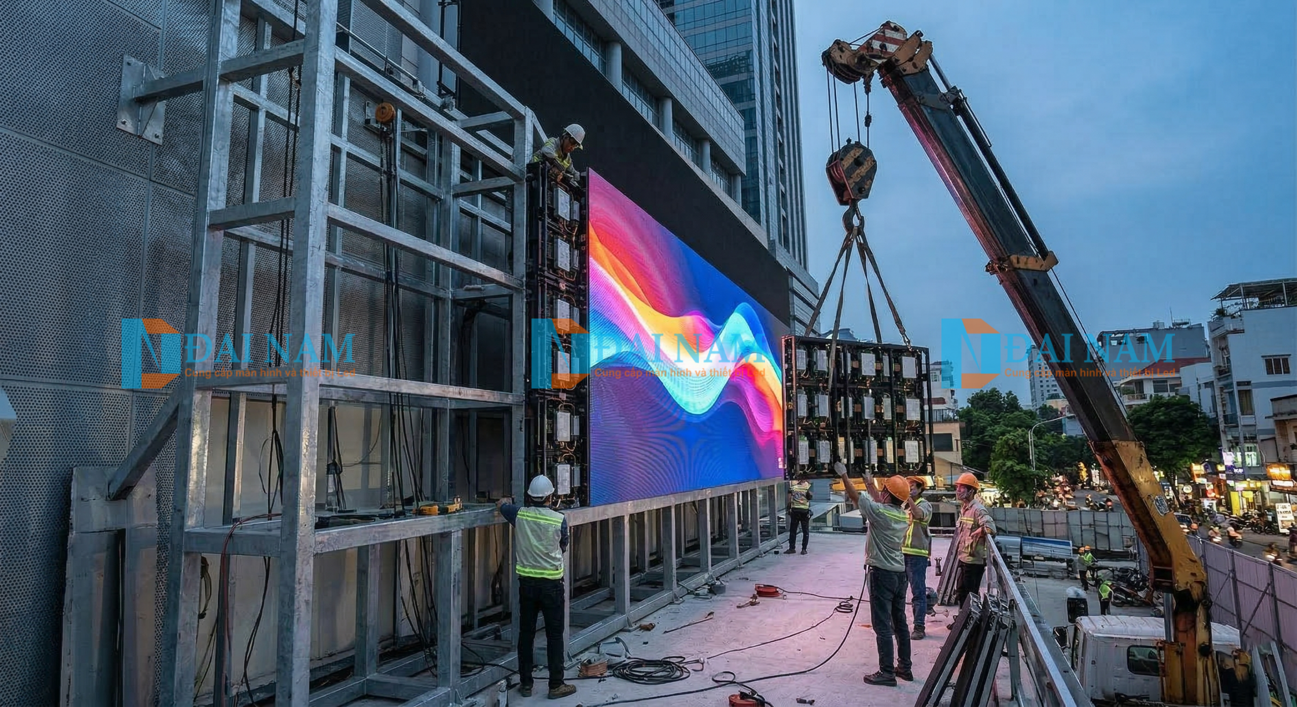 Đội ngũ kỹ sư thi công lắp đặt màn hình LED ngoài trời tấm lớn trên hệ khung thép chịu lực kiên cố tại công trường.