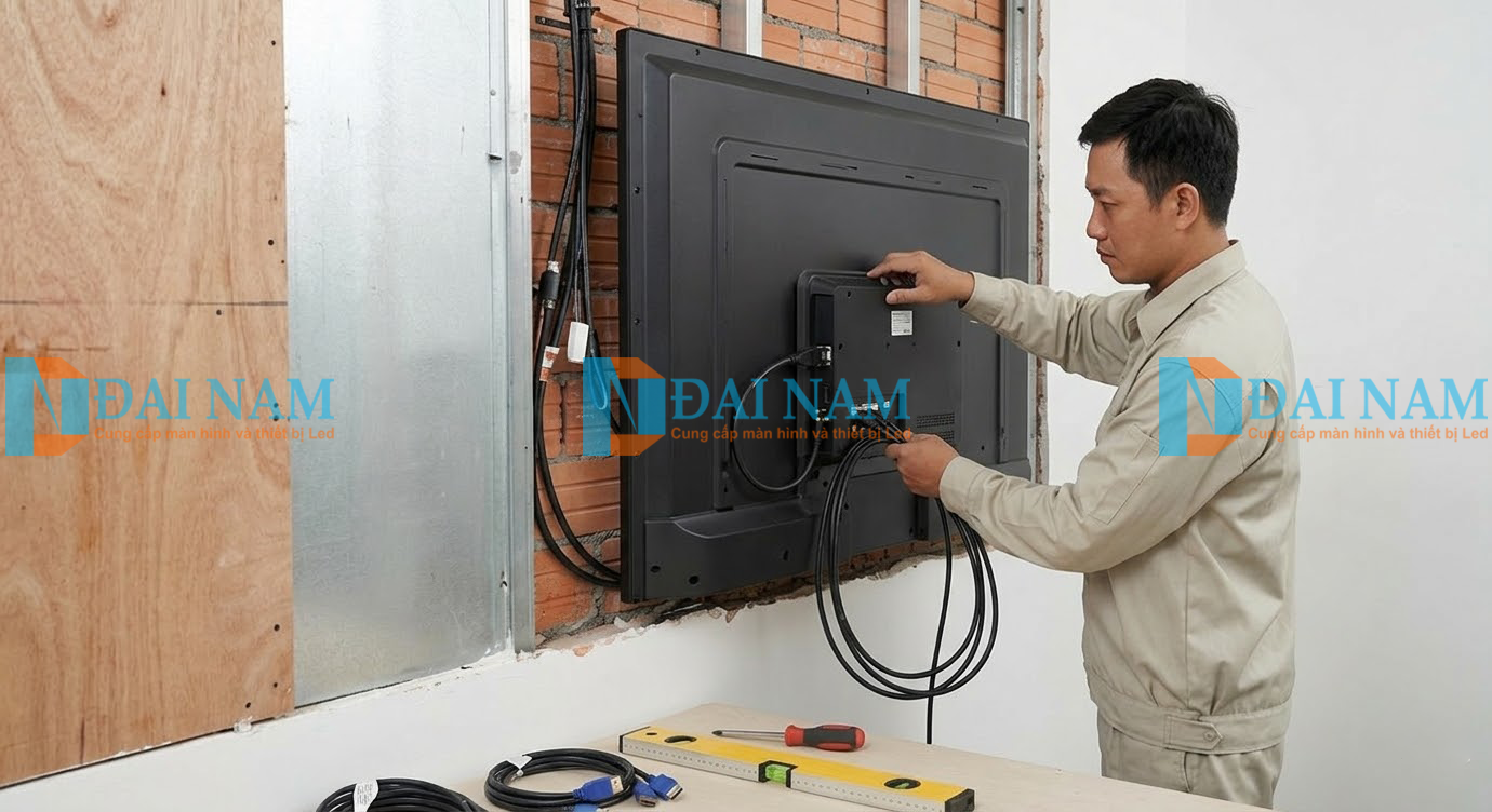 Kỹ thuật viên thi công lắp đặt và đấu nối cáp tín hiệu cho màn hình tương tác treo tường.