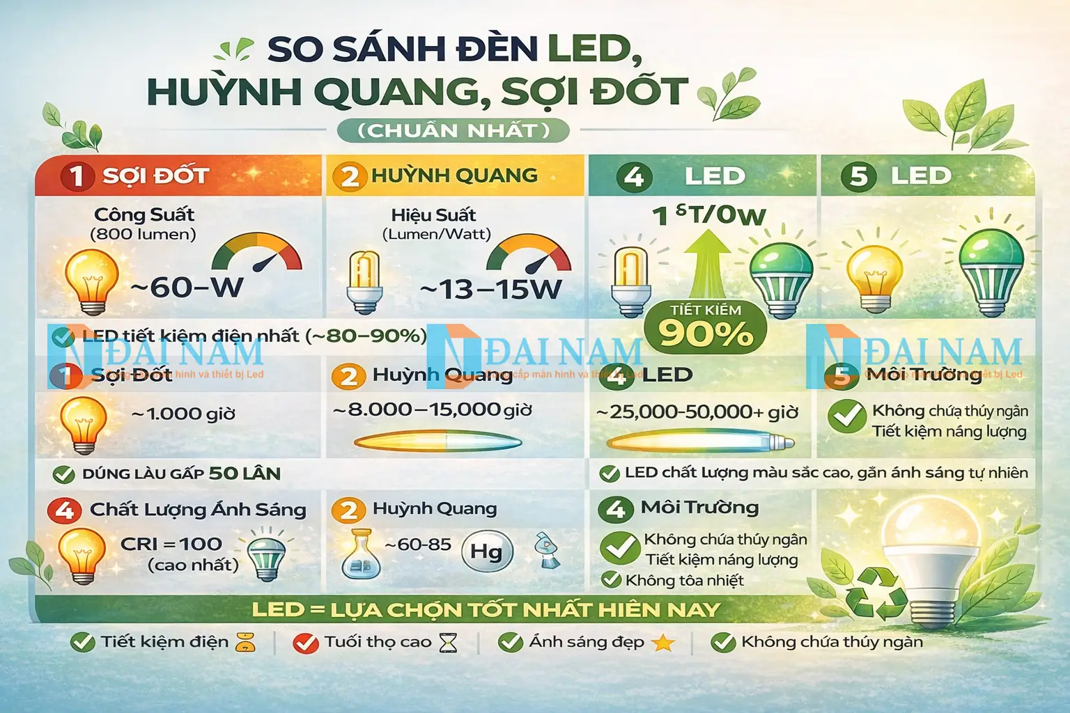 Bảng so sánh chi tiết các thông số kỹ thuật của đèn điốt phát quang (đèn LED) với đèn huỳnh quang và đèn sợi đốt, minh họa ưu điểm vượt trội về hiệu suất, khả năng tiết kiệm điện 80-90% và tuổi thọ 50.000 giờ của công nghệ chiếu sáng bán dẫn.