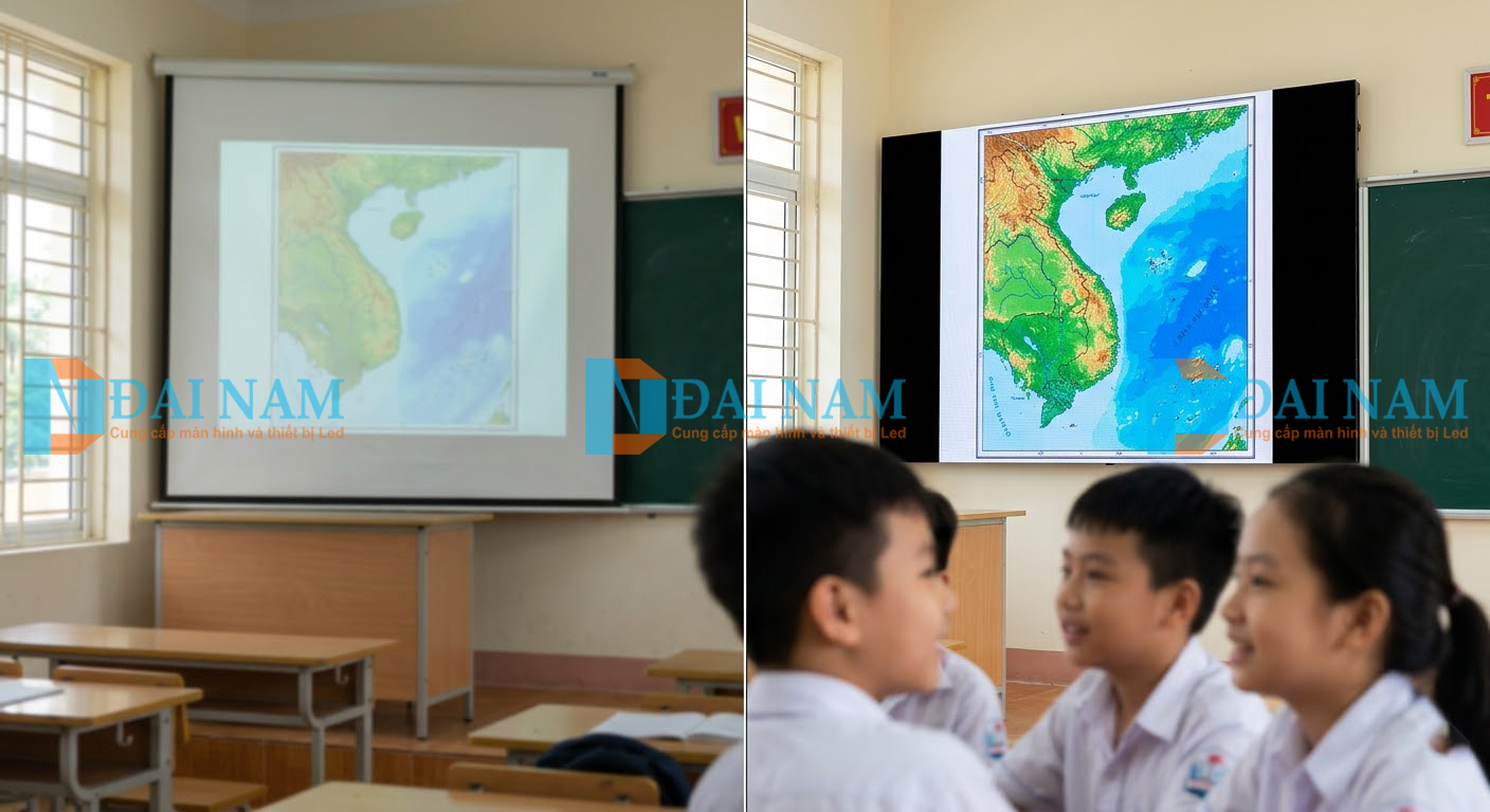 So sánh trực quan màn chiếu truyền thống mờ nhạt (trái) và màn hình LED sắc nét (phải) cùng hiển thị nội dung bài giảng dưới ánh sáng ban ngày.