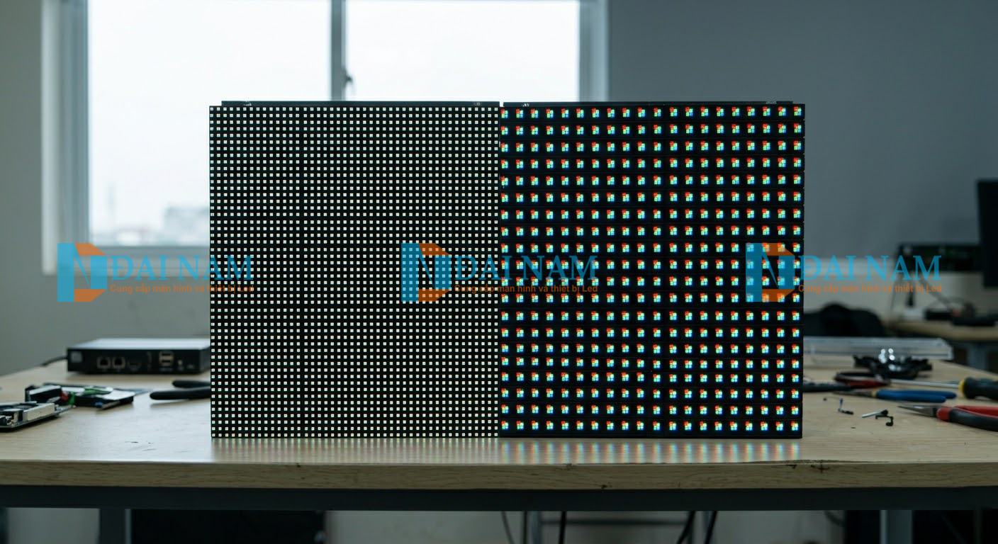 Hình ảnh so sánh trực quan mật độ điểm ảnh (pixel pitch) giữa tấm module màn hình điện tử LED trong nhà phân khúc siêu nét và phân khúc tầm trung.