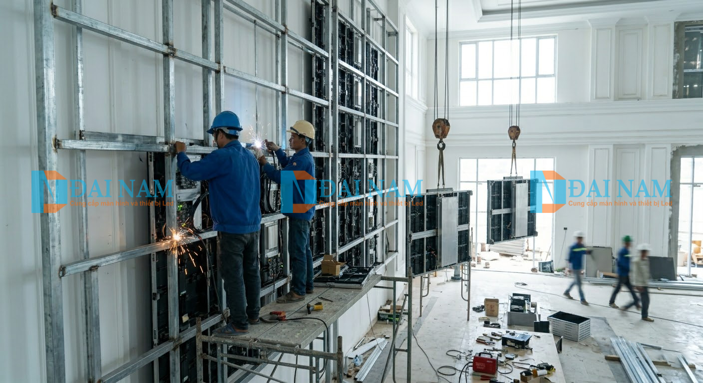 Đội ngũ kỹ thuật viên đang thi công hàn và lắp ráp khung sắt gia cố chịu lực cho dự án màn hình LED trong nhà cỡ lớn tại trung tâm sự kiện.