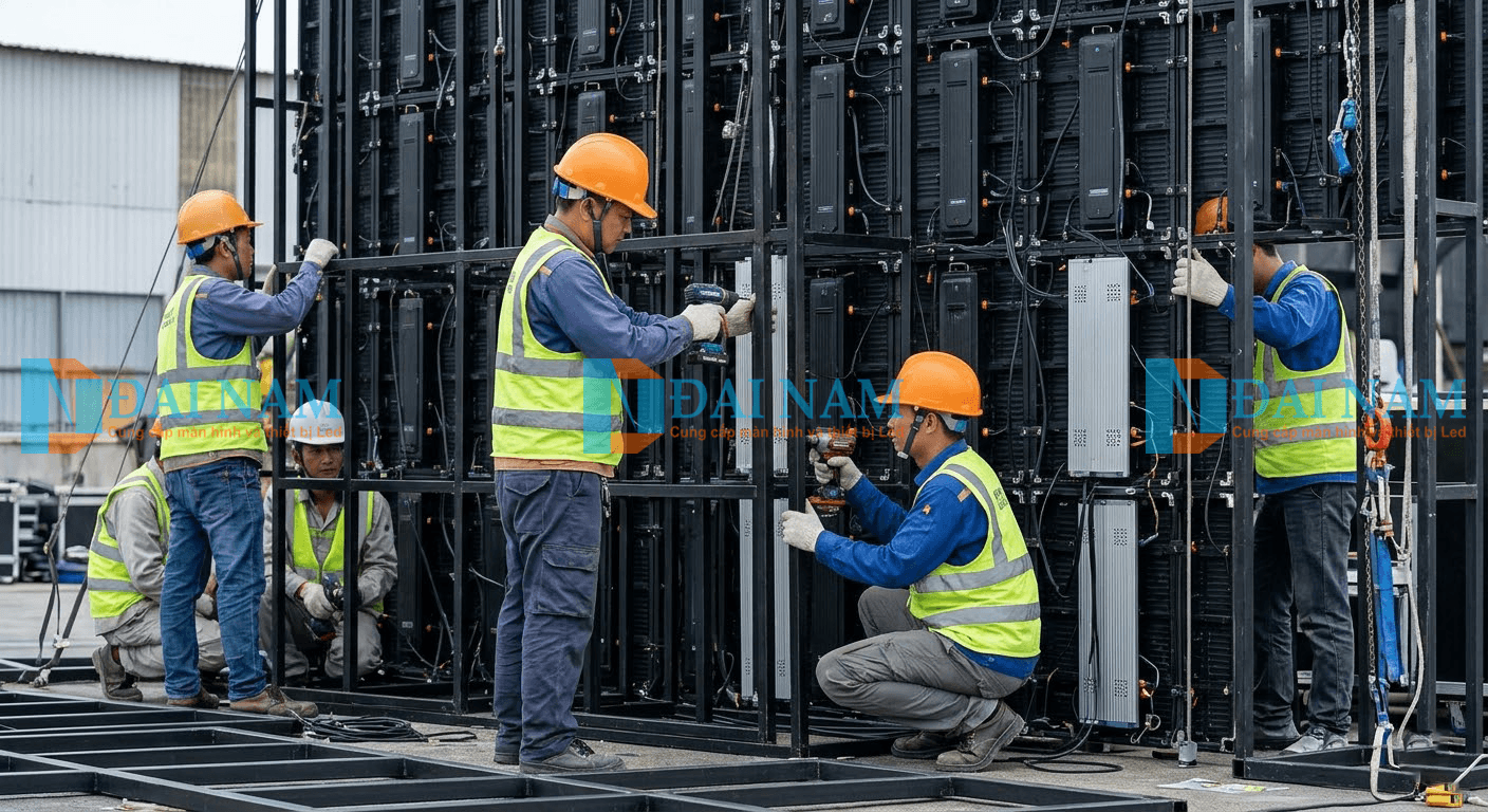 Đội ngũ kỹ thuật thi công Đại Nam Groups mặc đồ bảo hộ đang gia cố khung thép chịu lực cho màn hình LED cỡ lớn.
