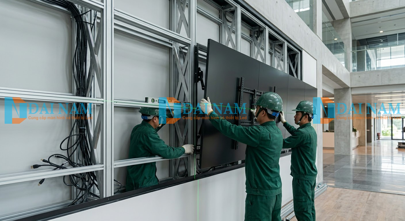 Đội ngũ kỹ thuật viên chuyên nghiệp đang đo đạc và thi công lắp đặt hệ thống màn hình ghép.
