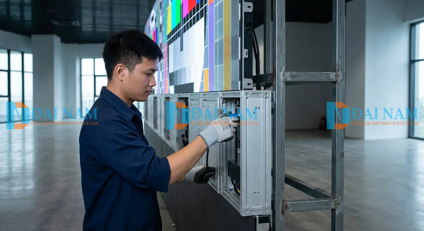 Kỹ thuật viên Đại Nam Groups thi công lắp đặt màn hình led P2.5 trong nhà chuyên nghiệp, đang ghép cabinet nhôm đúc lên hệ thống khung thép gia cố.