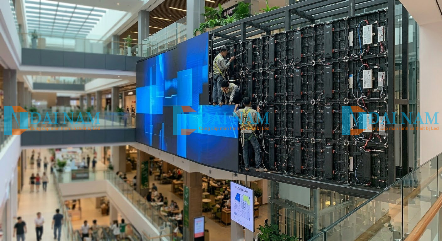 Đội ngũ kỹ thuật chuyên nghiệp tiến hành thi công lắp đặt màn hình LED P2.5 trong nhà trọn gói tại trung tâm thương mại.