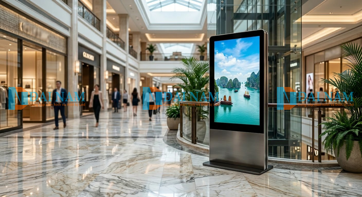 Màn hình quảng cáo LCD chân đứng 55 inch hiển thị video sắc nét đặt tại sảnh trung tâm thương mại cao cấp ở TP.HCM.
