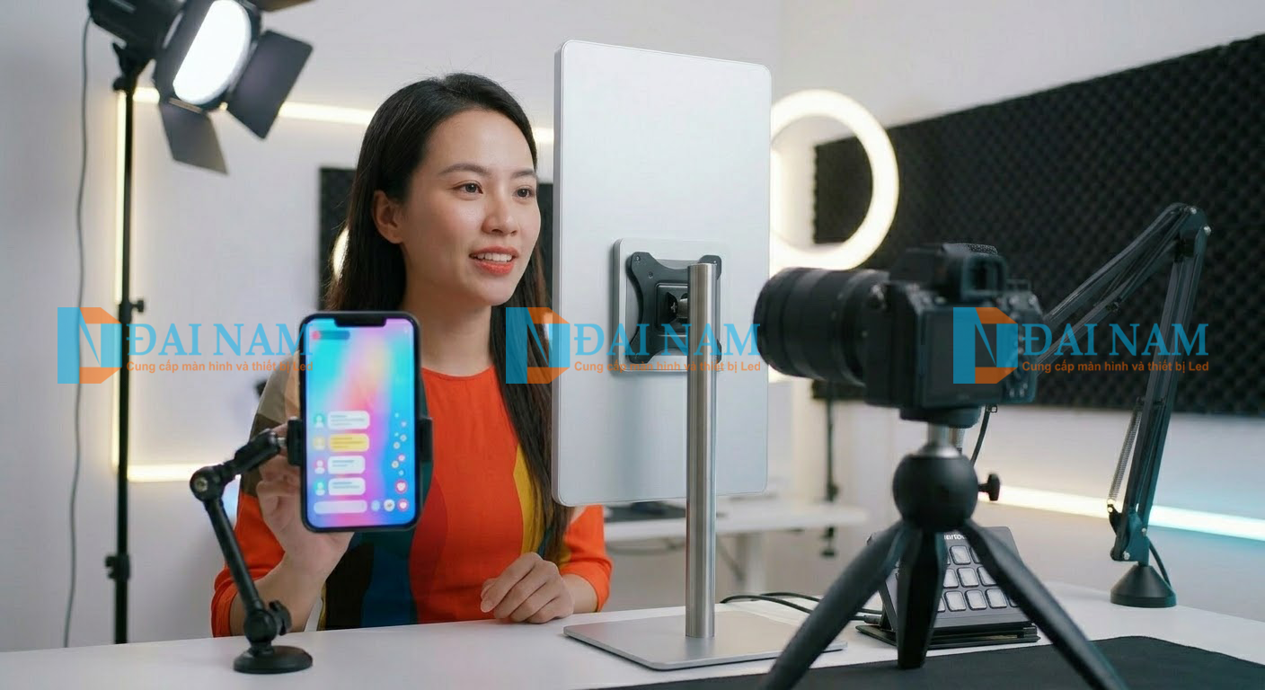 Streamer sử dụng màn hình phụ đọc bình luận và tương tác thời gian thực với khán giả.