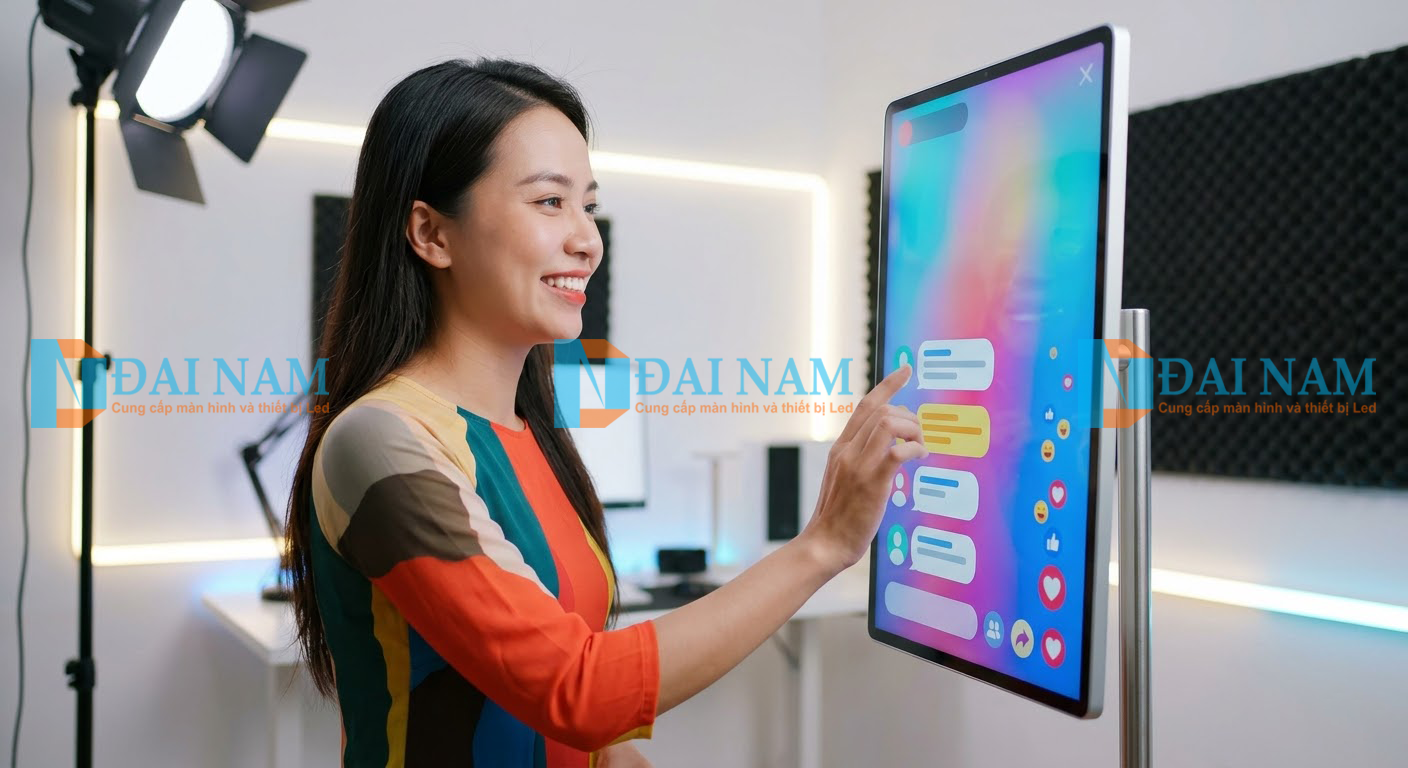 Màn hình livestream xoay dọc cảm ứng đa điểm hỗ trợ bán hàng trực tuyến.