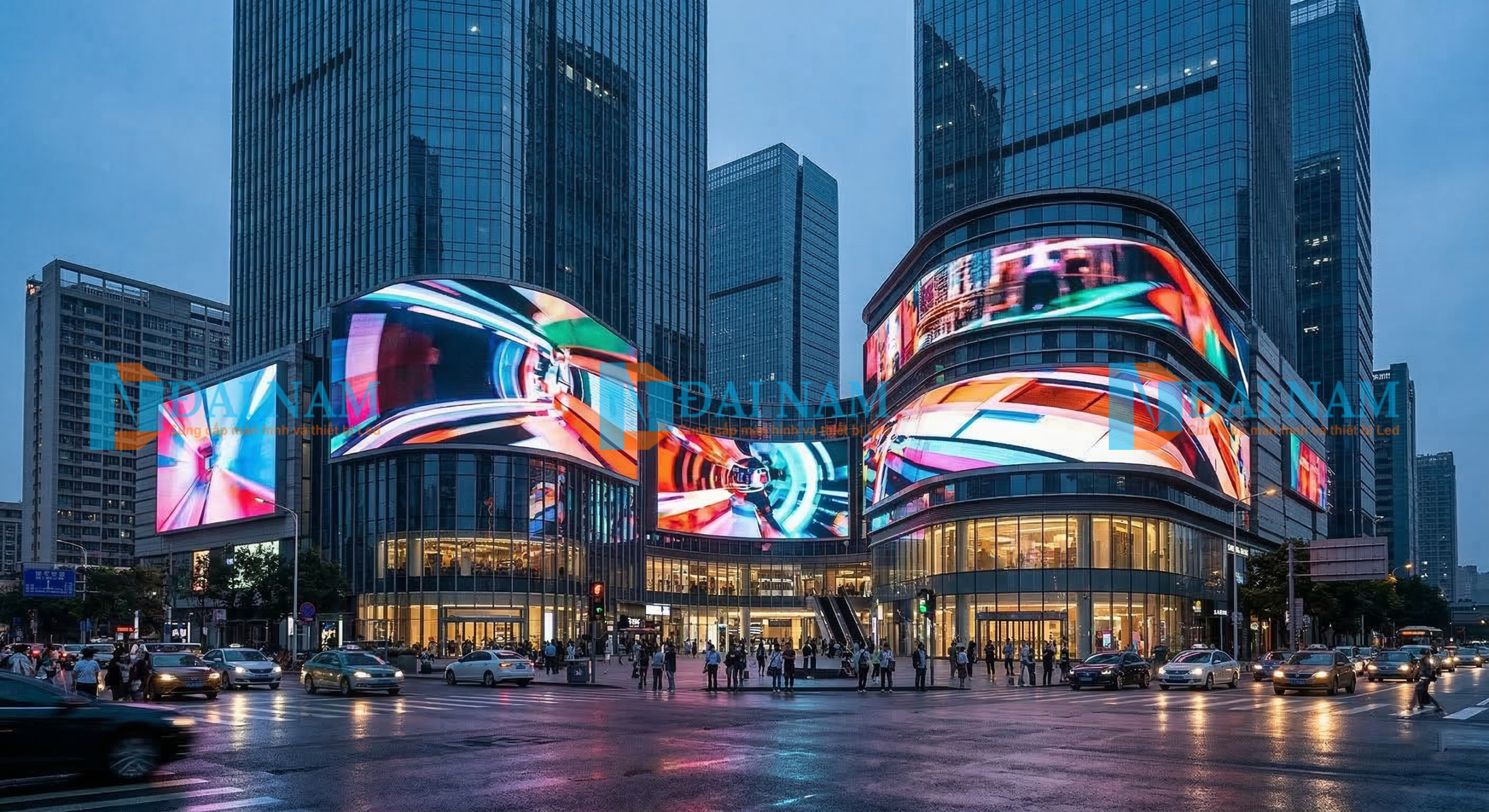 Màn hình LED ngoài trời dạng cong cỡ lớn được lắp đặt tại mặt tiền tòa nhà trung tâm thương mại sầm uất lúc chạng vạng, hiển thị hình ảnh quảng cáo kỹ thuật số sinh động và thu hút.