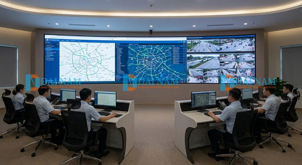 Nhân viên quan sát màn hình COB 8K góc nhìn rộng, không chói trong phòng điều khiển giao thông hiện đại ở Việt Nam.