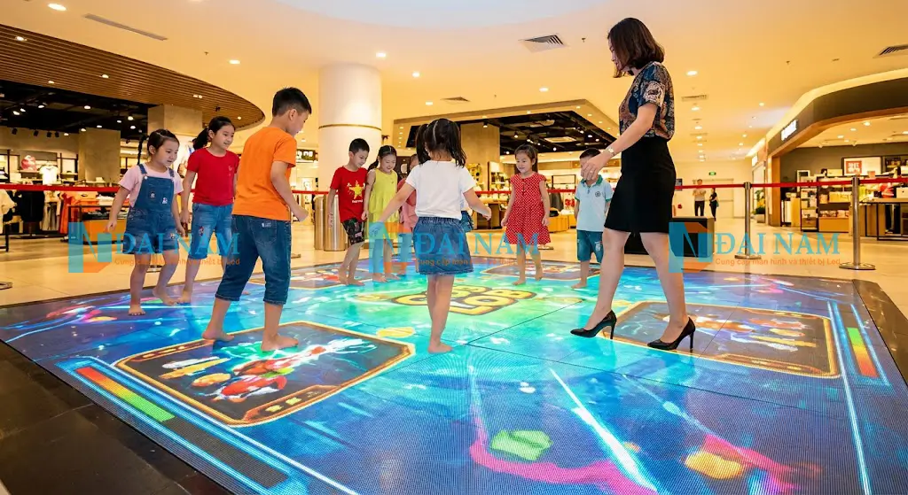 Trẻ em nhảy múa và người lớn đi giày cao gót trên sàn LED tương tác GOB bền bỉ tại một trung tâm thương mại ở Hà Nội.
