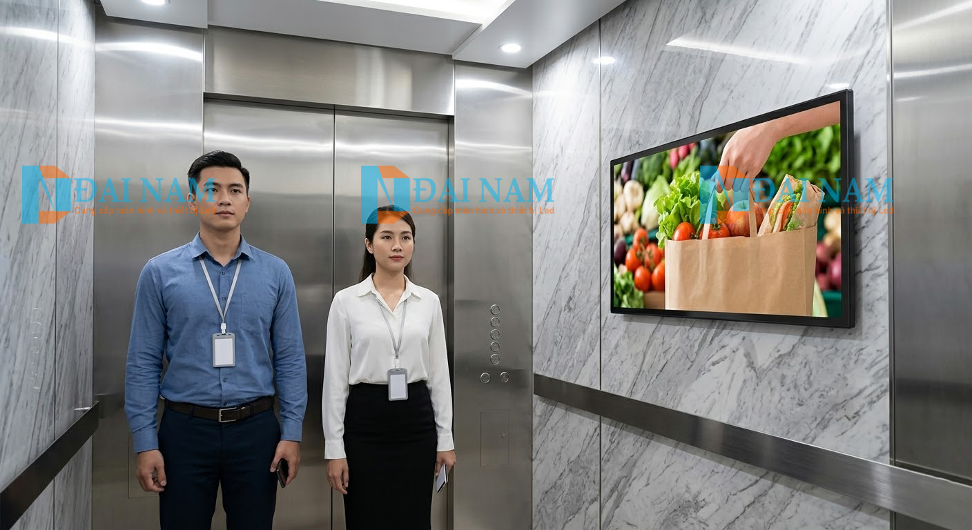 Lắp đặt màn hình quảng cáo LCD 22 inch chuyên dụng bên trong thang máy tòa nhà văn phòng, thu hút sự chú ý của người xem.