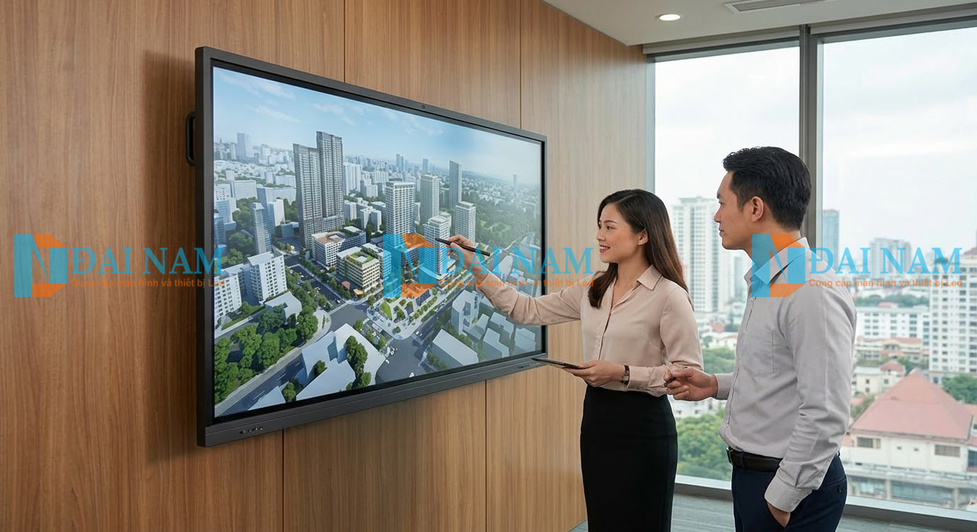 Chuyên gia sử dụng màn hình tương tác thông minh để trình chiếu bản đồ 3D trong phòng họp doanh nghiệp.
