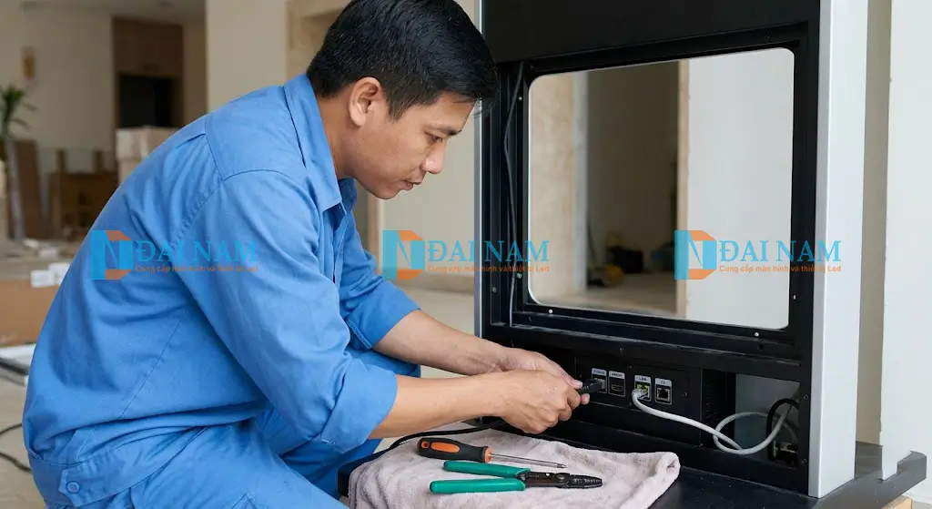 Kỹ thuật viên người Việt Nam đang đấu nối cáp nguồn và mạng LAN cho chân đế màn hình quảng cáo đứng.