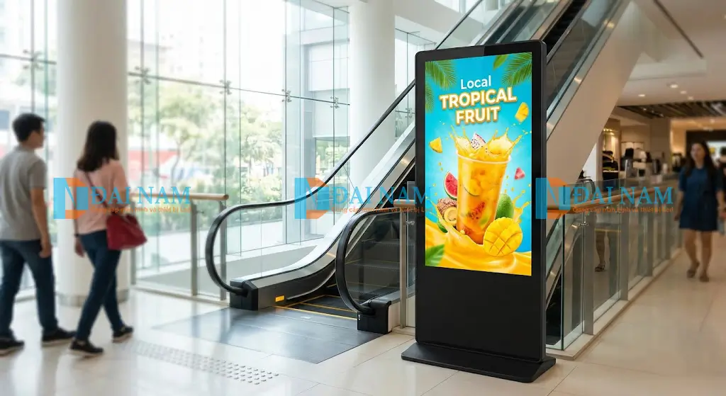 Màn hình quảng cáo chân đứng 55 inch hiển thị sắc nét tại sảnh trung tâm thương mại Việt Nam.