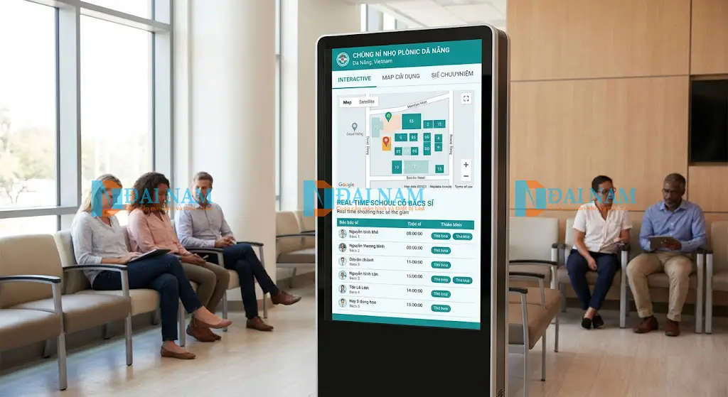 Màn hình LCD dạng đứng hiển thị sơ đồ điều hướng và lịch khám bệnh tại sảnh bệnh viện ở Đà Nẵng.