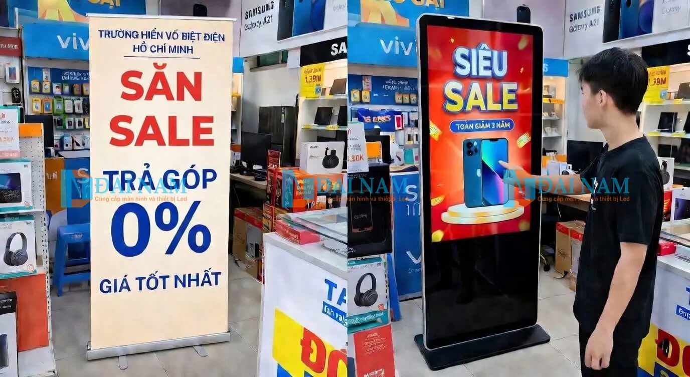 So sánh standee in ấn truyền thống bị phai màu và màn hình quảng cáo chân đứng LCD 43 inch hiển thị video động tại điểm bán hàng (POS).