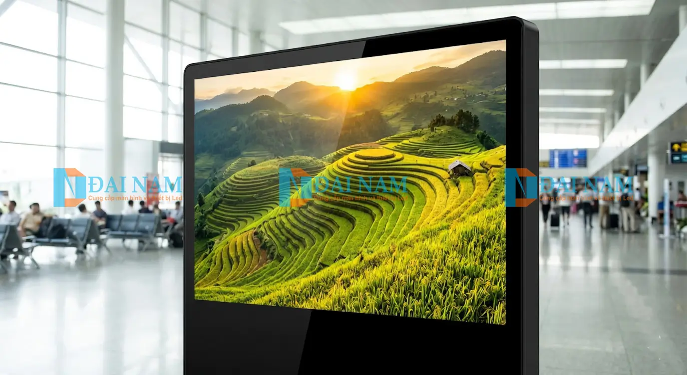 Cận cảnh màn hình quảng cáo chân đứng sử dụng tấm nền IPS cho góc nhìn rộng 178 độ và độ sáng cao tại sân bay.