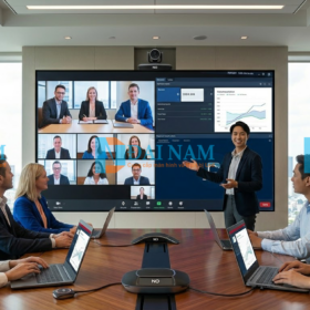 Hệ thống màn hình LED kích thước lớn tích hợp hội nghị truyền hình và thiết bị trình chiếu không dây trong phòng họp công ty hiện đại tại Việt Nam.