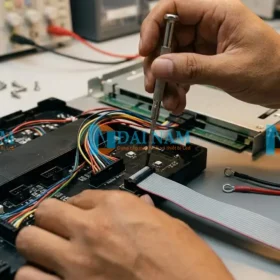 Kỹ thuật viên thao tác đấu nối cáp tín hiệu HUB75E và nguồn 5V vào mặt sau tấm module LED P4.