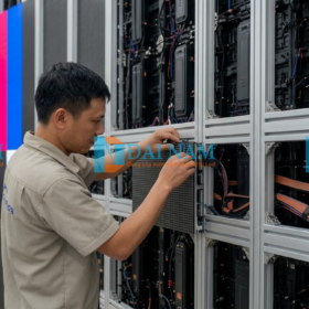 Kỹ thuật viên thi công của Dai Nam Groups đang tiến hành đấu nối cáp tín hiệu và lắp ráp module LED vào hệ thống khung cabinet nhôm đúc.