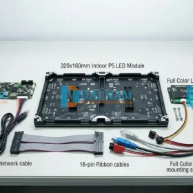 Các linh kiện cơ bản để lắp ráp màn hình LED P5 bao gồm vỉ LED, nguồn tổ ong 5V, card thu phát và cáp tín hiệu.