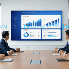 Màn hình LED 100 inch P2 hiển thị biểu đồ báo cáo sắc nét trong phòng họp cao cấp do Đại Nam Groups lắp đặt.