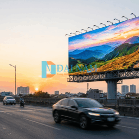 Biển quảng cáo màn hình LED 500 inch ngoài trời P5 với độ sáng cao trên dải phân cách đường cao tốc.