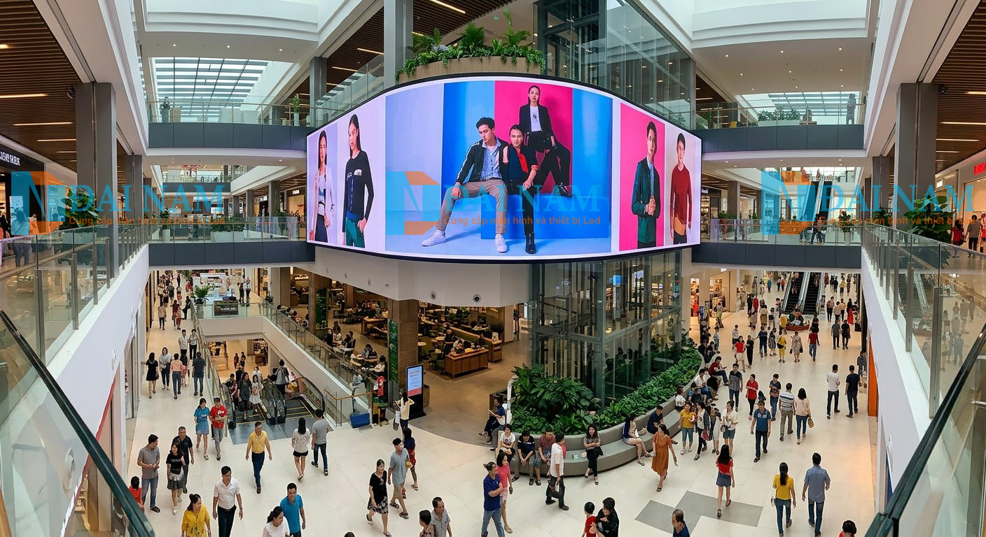 Màn hình LED cong khổng lồ trình chiếu quảng cáo tại sảnh chính trung tâm thương mại đông đúc.