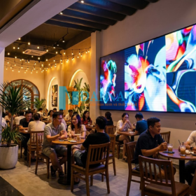 Một màn hình LED trong nhà (P2.5) cỡ lớn, hiển thị hình ảnh nghệ thuật sống động, được tích hợp vào bức tường của một quán cafe hiện đại, sang trọng tại Việt Nam vào buổi tối. Khách hàng đang ngồi tại bàn gỗ, tận hưởng không gian.