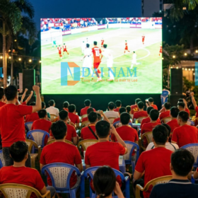 Một màn hình LED ngoài trời (Outdoor) cỡ lớn, sáng rực, đang phát trực tiếp một trận bóng đá, được lắp đặt tại một quán cafe sân vườn đông đúc ở Việt Nam vào buổi tối. Khách hàng mặc áo đỏ đang cổ vũ.
