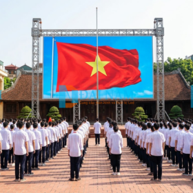 Màn hình LED cỡ lớn lắp đặt tại sân trường ngoài trời đang hiển thị lá cờ Việt Nam màu sắc rực rỡ dưới ánh nắng.