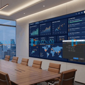 Màn hình LED P1.53 trong nhà cỡ lớn thay thế máy chiếu, hiển thị bảng dữ liệu phân tích chi tiết trong phòng họp điều hành cao cấp