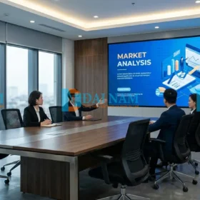 Màn hình led P2.5 phòng họp doanh nghiệp tại Hà Nội hiển thị đồ họa Full HD sắc nét, thay thế máy chiếu truyền thống với góc nhìn rộng 140 độ.