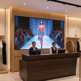 Màn hình LED P2.5 trong nhà hiển thị video người mẫu catwalk, được lắp đặt ngay phía sau quầy thu ngân của cửa hàng thời trang.