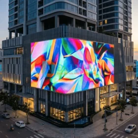 Màn hình LED P3.076 ngoài trời khổng lồ, hiển thị hình ảnh nghệ thuật rực rỡ dưới ánh hoàng hôn, lắp đặt trên mặt tiền một tòa nhà đa tầng hiện đại tại Đà Nẵng.