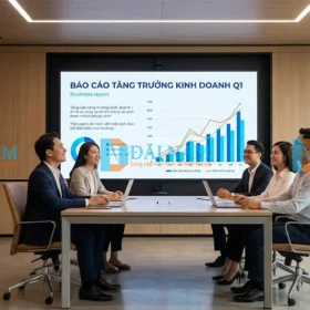 Ứng dụng màn hình LED P5 trong nhà làm màn hình trình chiếu báo cáo kinh doanh cho phòng họp trực tuyến.