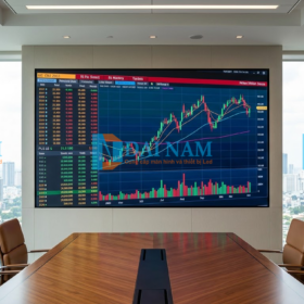 Màn hình LED phòng họp P1.5 lắp đặt tại không gian hội đồng cao cấp ngập tràn ánh sáng tự nhiên.