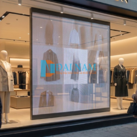Màn hình LED trong suốt cao cấp được ứng dụng phía sau mặt kính mặt tiền cửa hàng thời trang, vừa hiển thị video vừa cho thấy ma-nơ-canh bên trong.