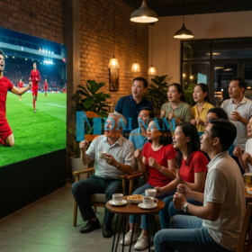 Một nhóm cổ động viên Việt Nam hào hứng xem trận bóng đá trên màn hình LED P2.5 trong nhà kích thước lớn tại một quán cafe ấm cúng, hình ảnh sắc nét, không bị chói.