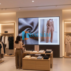 Màn hình trình chiếu trong nhà ốp tường hiển thị sắc nét chi tiết chất liệu vải và video lookbook phối đồ tại khu vực kệ trưng bày quần áo.