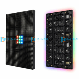 Hình ảnh cận cảnh mặt trước và mặt sau của module màn hình LED trong nhà P1.86 RGB SMD. Mặt trước hiển thị lưới pixel dày đặc với khối màu RGB đang sáng; mặt sau cho thấy bo mạch điện tử complex và IC driver.