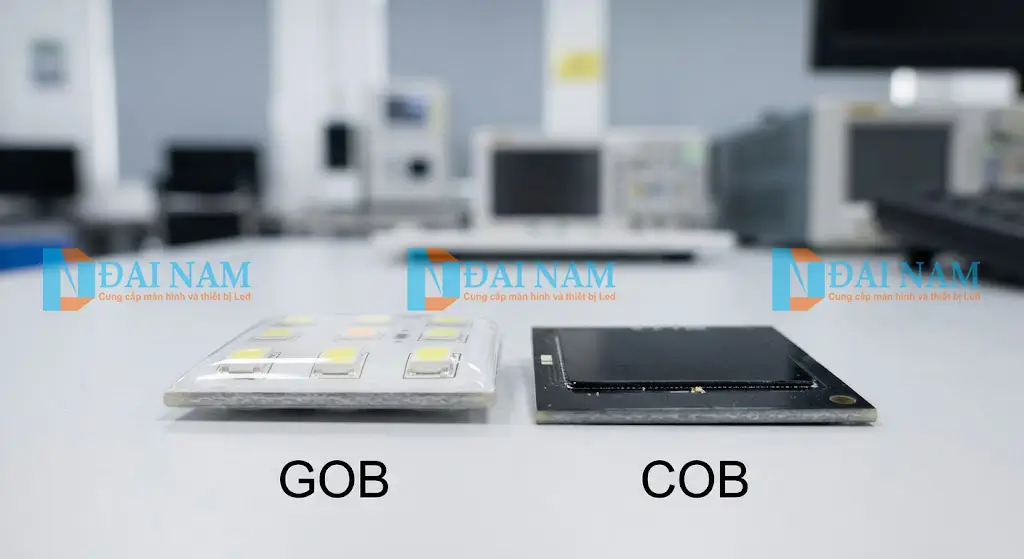 Ảnh chụp macro so sánh hai mô-đun LED GOB và COB trên bàn kỹ thuật tại Việt Nam, cho thấy sự khác biệt bề mặt.