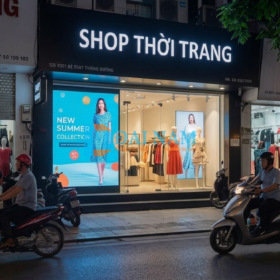 Biển quảng cáo màn hình LED ngoài trời với độ sáng cực cao hiển thị bộ sưu tập mùa hè tại mặt tiền shop thời trang vào ban đêm.