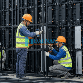 Đội ngũ kỹ thuật thi công Đại Nam Groups mặc đồ bảo hộ đang gia cố khung thép chịu lực cho màn hình LED cỡ lớn.