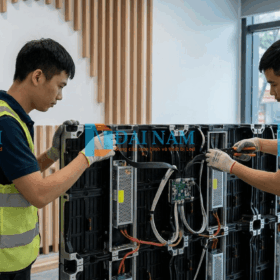 Kỹ thuật viên thi công lắp đặt màn hình LED P1.53, đấu nối cáp mạng RJ45 cho cabin nhôm đúc