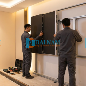 Thợ kỹ thuật đang thi công lắp đặt màn hình led quán karaoke