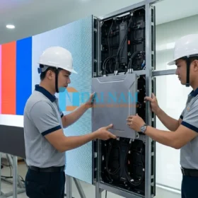 Đội ngũ kỹ thuật viên đang thi công lắp ráp cabinet đúc nhôm cho màn hình LED P2 trong nhà.